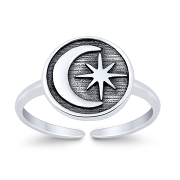 Crescent Moon & Star Toe Ring Adjustable Band Ring 925 Sterling Silver (9mm)